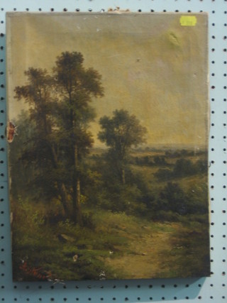 Oil painting on canvas "Rural Scene with Trees and Figures" 16" x 12"