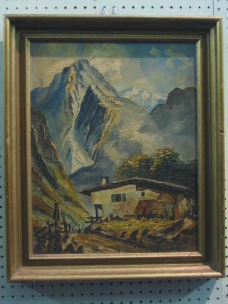H E  Schmidt, oil on board "Alpine Scene" 16" x 12"