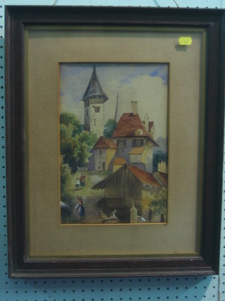 19th Century Continental watercolour "Alpine Scene with Church and Figures" 12" x 8"