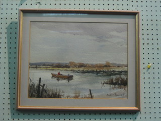 Juliet Pannett, watercolour "Bosham Harbour with Figures and Rowing Boat" 11" x 14"