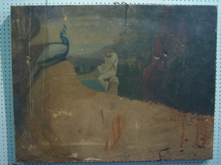 A Victorian oil on canvas, classical scene "Seated Mother and Child Amidst Landscape with Peacock in Foreground" 28" x 36", (holes)
