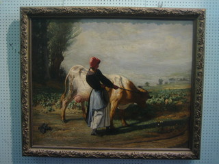 A large and impressive 19th Century oil on canvas "Lady Leading a Cow" 32" x 40" (relined and cleaned)