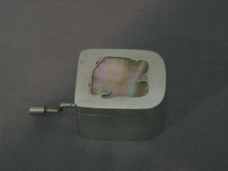 A modern silver musical  box with mother of pearl panel 2"