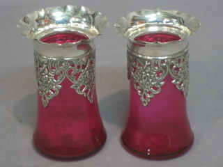 A pair of pink glass vases with silver mounts 4"