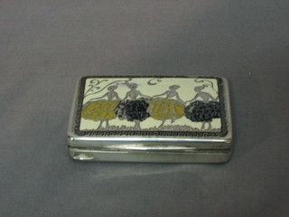 A Continental silver box with hinged lid and enamelled decoration depicting dancers, 3"