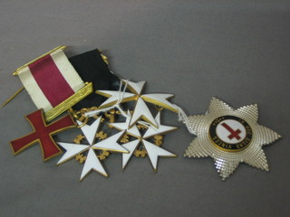 A  Knights Templar gilt metal and enamel dress jewel and star together with 2 Knights of Malta dress jewels and a Knights of Malta cap badge
