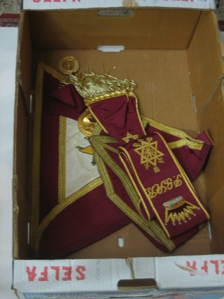 A quantity of Masonic regalia comprising a Royal and Select Masters apron, collar, collar jewel and collarette and an Order of the Sacred Monitor Grand Officer's sash