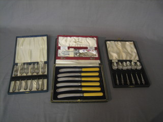 A set of 6 tea knives, a  set of 6 silver plated pastry forks, a set of 6 silver plated apostle spoons and a butter knife, all cased