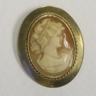 A shell carved cameo brooch contained in a gilt metal mount