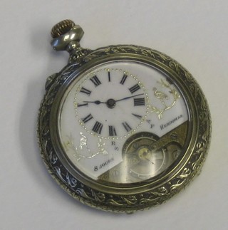 A Jours Ancre 8 day pocket watch with enamelled dial and visible escapement, contained in an embossed silver plated case decorated vintage motoring scenes