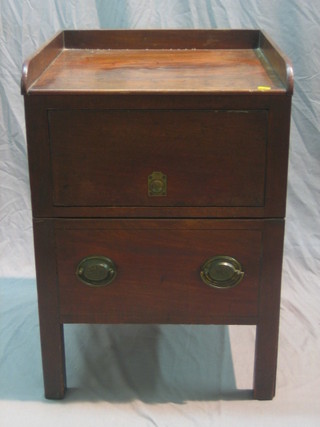 A 19th Century mahogany tray top commode with hinged front and drawer, raised on square supports 21"