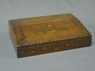 A 19th Century Killarney inlaid yew writing slope with hinged lid, decorated a castle scene 14" (interior missing)