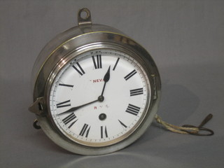 A Leta wardroom style clock with enamelled dial, the 5" dial marked RYS with Roman numerals contained in a polished steel case