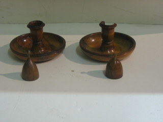 A pair of 19th Century olive wood travelling candlesticks with associated snuffers 4" (1 sconces burnt)