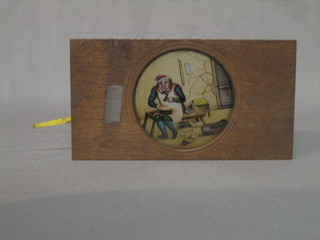A 19th Century automatic coloured magic lantern slide - The Cobbler, with brass handle to side by Carpenter & Westley of London