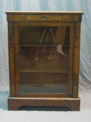 A Victorian inlaid rosewood Pier cabinet with floral decoration, the interior fitted shelves and enclosed by glazed panelled doors, raised on bracket feet 30"