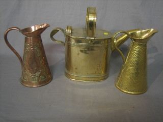 A Victorian brass hotwater carrier, a waisted and hammered brass jug and an Art Nouveau coffee pot