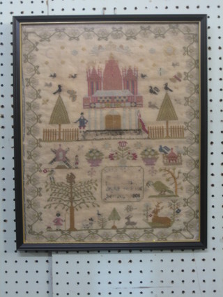 A 19th Century stitch work sampler with buildings garden and motto, dated 1808, 15" x 12"