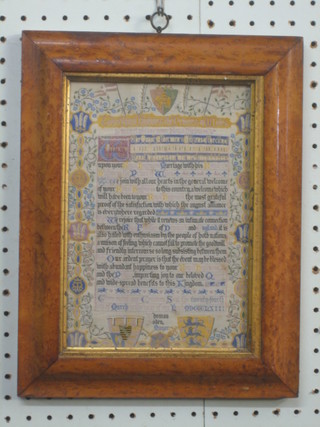 An illustrated stitch work address from the City of Coventry to Queen Alexandra on her marriage 9" x 6 1/2" contained in a maple frame