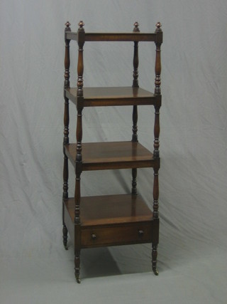 A 19th Century  mahogany 4 tier what-not, the base fitted a drawer, raised on turned and block supports 16"