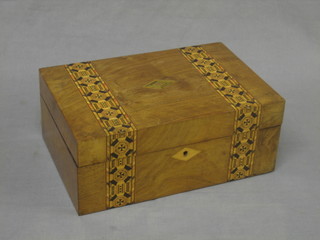 A Victorian inlaid mahogany trinket box with hinged lid and brass banded decoration 12"