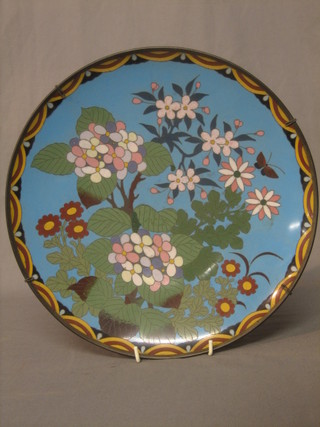 A blue ground and floral patterned cloisonne plate 12"