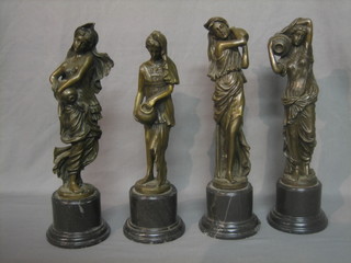 4  reproduction bronze figures of standing ladies with urns, raised on turned marble bases 13"