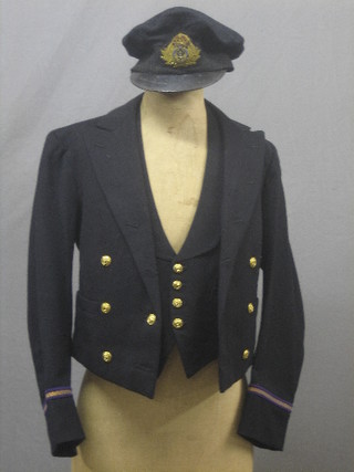 A P & O Electrical Officer's mess kit  comprising jacket and waist coat by Miller Rayner & Hayson, together with a P & O Officer's jacket and trousers, Merchant Navy Electrical Officer's Great coat and a Royal Naval Transport Officers black cap