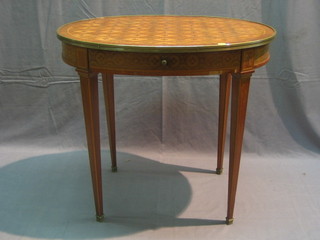 A 19th Century French oval inlaid marquetry occasional table fitted a drawer and raised on square turned supports (some inlay missing from front) 31"