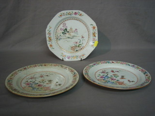 A Famille Rose octagonal shaped plate 9" and 2 circular plates 9" (1 f and r)