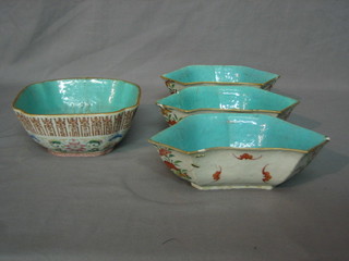 An Oriental porcelain square shaped bowl the base with seal mark 6 1/2" together with 3 crescent shaped dishes 8" (all f)