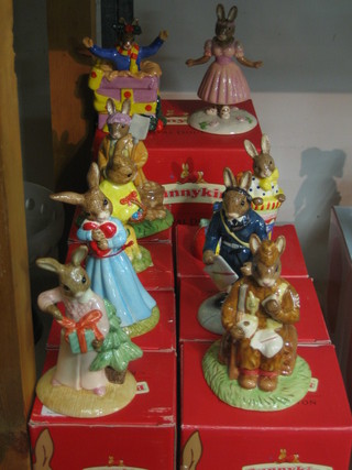 9 Royal Doulton Bunnykins figures - Love Heart, Christmas Morning, Easter Parade, Home Guard, Air Controller, Christmas Surprise, Little Stocking Filler, Little Ballerina and Land Girl