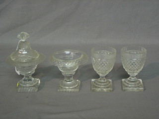 A pair of 18th/19th Century Irish circular cut glass pedestal bowls 3" and 2 circular cut glass pedestal bowls 4"