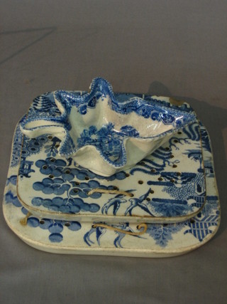 A blue and white leaf shaped pickle dish 5" and 2 square blue and white dish strainers