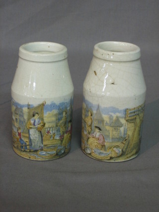 A pair of 19th Century Prattware bottles decorated shrimp sellers 4 1/2"