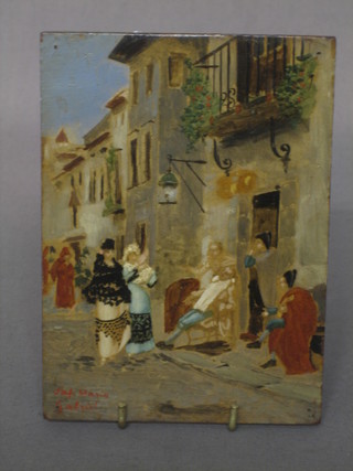 E J Consil, Continental oil painting on board "Street Scene with Figure and a Barber" the reverse marked E J Consil Gabriel 6 1/2" x 4 1/2"