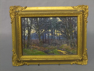 Hans Iten, impressionist oil painting on board "Evening in the Woods" 5 1/2" x 8 1/2"