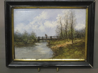 De Byon, a painted porcelain panel "River Scene with Trees and Man Crossing a Bridge" 4" x 6"
