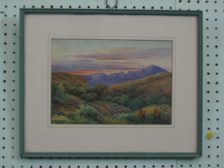 E E Taylor, watercolour "Moorland Scene with Mountain in the Distance" 7" x 9"
