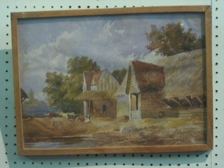 A 19th Century naive watercolour "Farmyard Scene with Buildings and Cattle" 10" x 15"