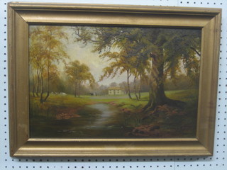 J B Noel, oil painting on canvas "Study of River with Country House and Cattle" 12" x 18"