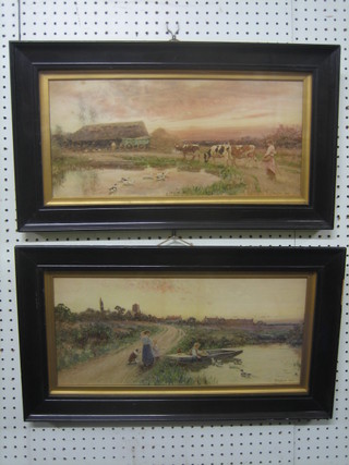 After Tom Lloyd, a pair of coloured prints "Figure by Punt and Figure Driving Cattle" 8" x 18", contained in ebonised frames