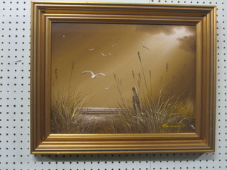20th Century oil painting on canvas "Gulls by Sand Dune" 12" x 15"