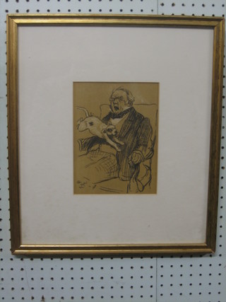After Cecil Aldin, a monochrome print "Seated Gentleman with Dog" 8" x 6"