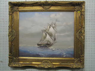 Oil painting on canvas "Two Masted Sailing Ship in Heavy Sea" 19" x 22" contained in a decorative gilt frame
