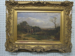 J Syer, 19th Century oil on canvas "Rural Scene with Two Figures Walking" signed and dated '58, 11" x 17"