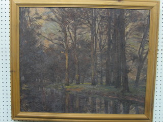 King?, oil on canvas "Wooden Scene with Trees" 19" x 24" (holed and patched in places)