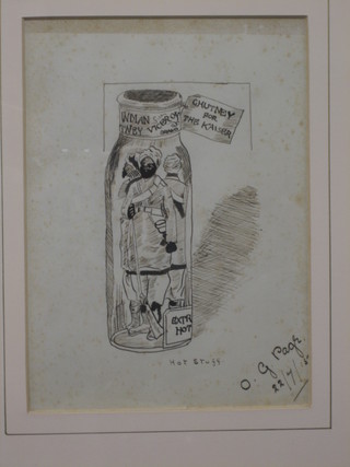 O G Page, a humerous pen and ink drawing "3 Standing Indian Soldiers in a Bottle of Relish - Chutney For The Kaiser", signed and dated 22/7/15 8" x 6"