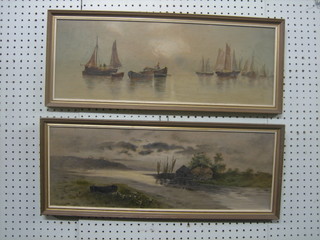 A pair of 19th Century oil paintings on board "Estuary Scenes with Fishing Boats" 8" x 23"
