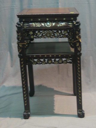 A square Padouk and inlaid mother of pearl 2 tier jardiniere stand/lamp table, raised on carved supports 18"